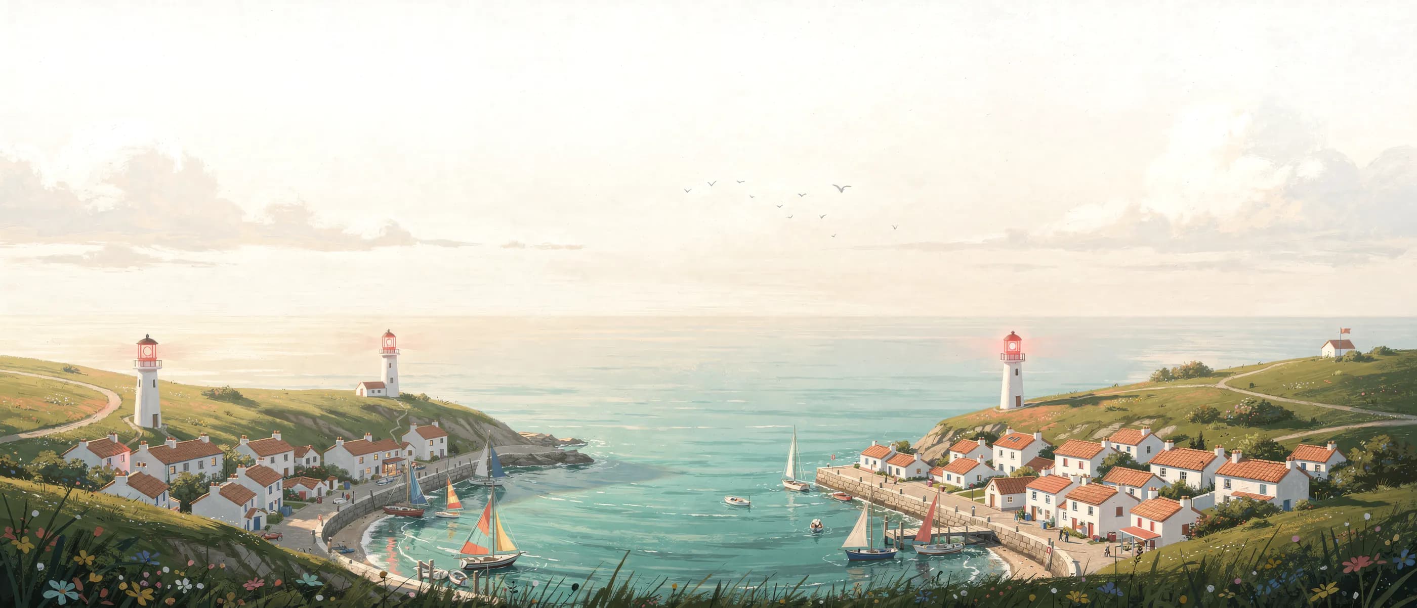 A sunlit coastline of green headlands and sheltered bays, each holding a small harbour village, with three lit lighthouses standing over them